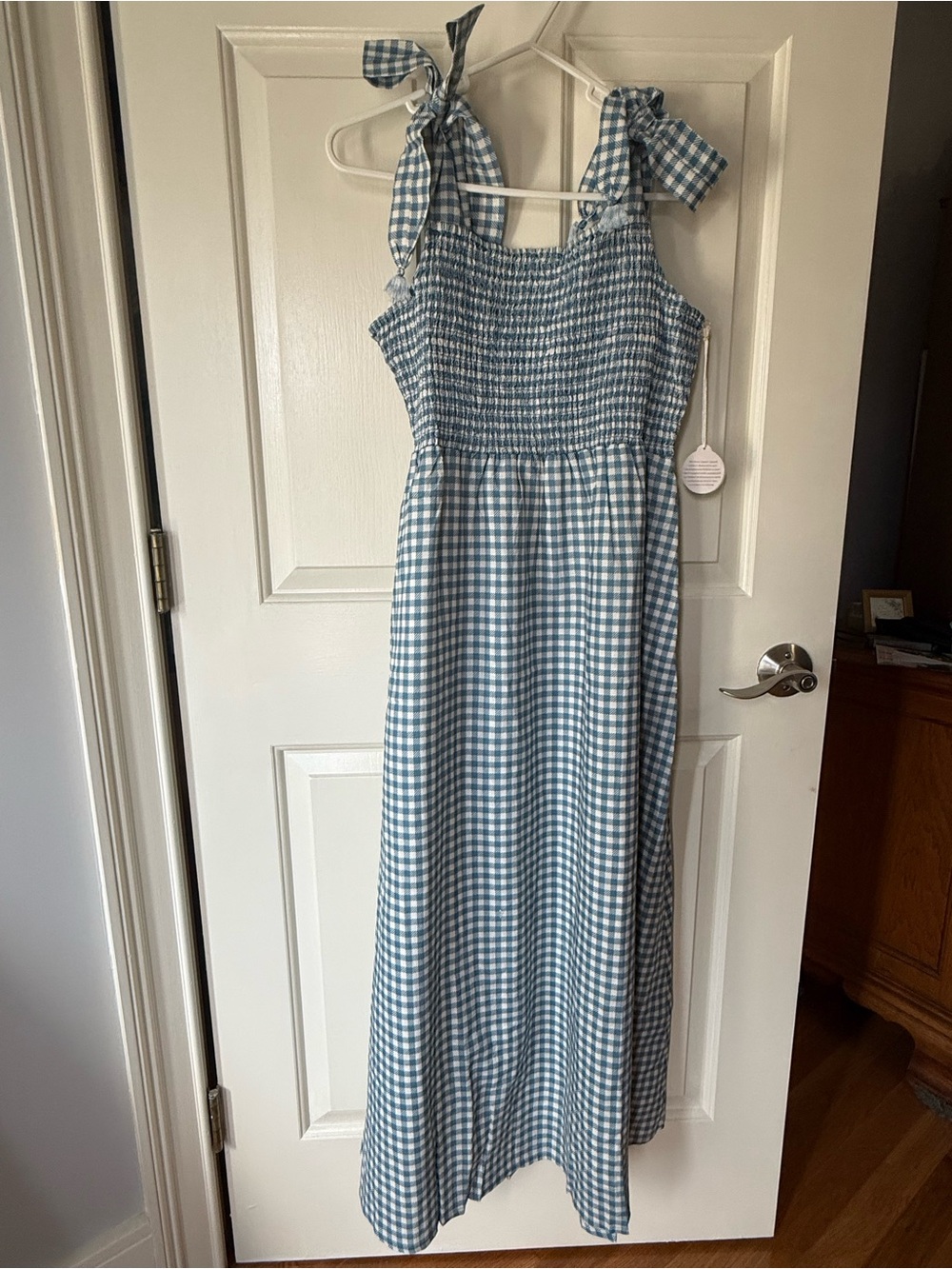 NWT Spartina 449 Blue Gingham Cottagecore Tie-Shoulder Midi Dress - Size M - Picture 2 of 9